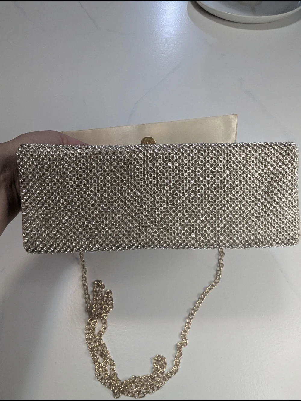 Jessica McClintock Remi Rhinestone Handle Bag Silver W/ Gold Tone Evening Clutch